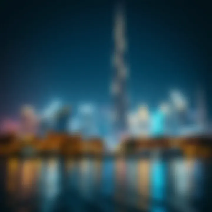 Dubai Skyline at Night with Burj Khalifa Night view of Dubai skyline with Burj Khalifa illuminated