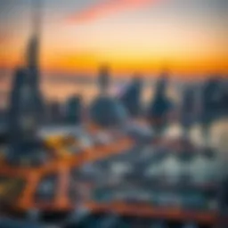 A breathtaking view of Dubai Marina at sunset, showcasing the waterfront skyline.