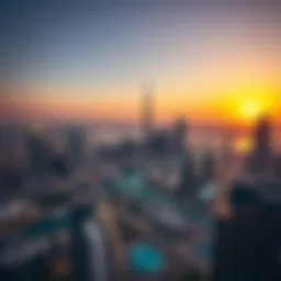 Panoramic view of Dubai skyline at sunset