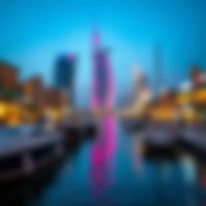 A night view of Dubai Creek highlighting the urban aesthetic and vibrant atmosphere.