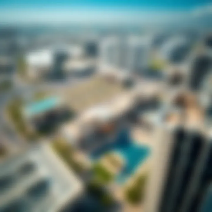 Aerial Perspective of the Complex Aerial view of Dubai Land Residence Complex highlighting its modern architecture