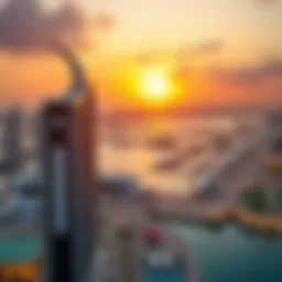 Panoramic view of Dubai Marina Beach at sunset