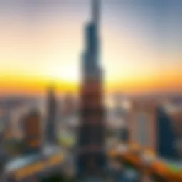 Stunning view of Burj Khalifa at sunset showcasing Dubai's skyline