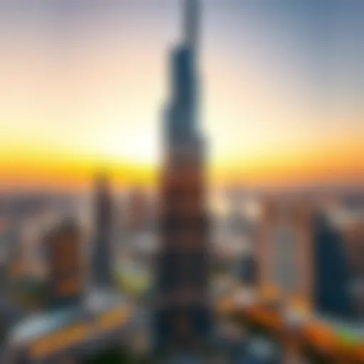 Stunning view of Burj Khalifa at sunset showcasing Dubai's skyline