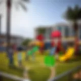 A vibrant community play area in Dubai with children engaging in various activities.