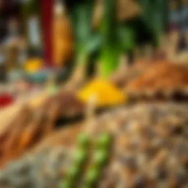 Intricate Spices and Herbs at Souq Naif A close-up of intricate spices and herbs displayed in a traditional souq setting.