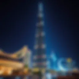 A stunning view of Burj Khalifa illuminated at night