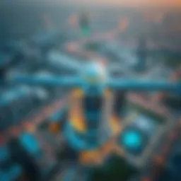 Aerial view of Mag Eye Dubai showcasing its modern architecture