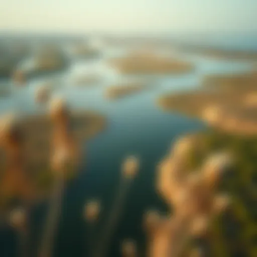 Diverse Ecosystems of Ras Khor Aerial view of Ras Khor wetlands showcasing diverse ecosystems
