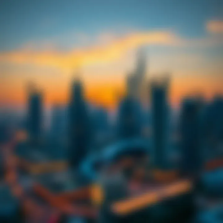 Dubai skyline with a sunset background