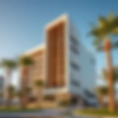 Modern Architecture with Palm Tree Sap An architectural rendering of a modern building incorporating palm tree sap in its design.