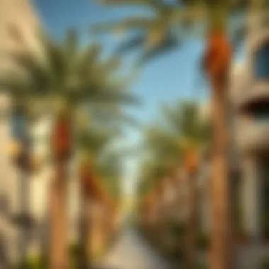 Palm Trees in Luxurious Dubai An artistic representation of palm trees lined along a luxurious Dubai property.