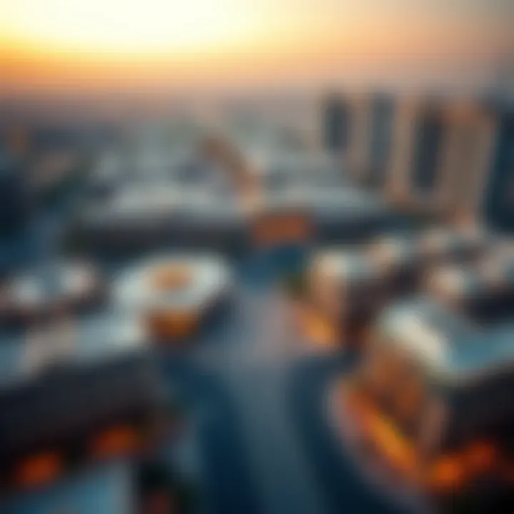 An aerial view of the Town Square Dubai highlighting residential buildings and amenities.