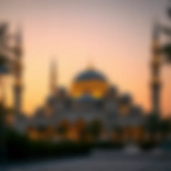 Tranquility at Dusk: A Mosque's Evening Glow A serene view of a mosque during sunset