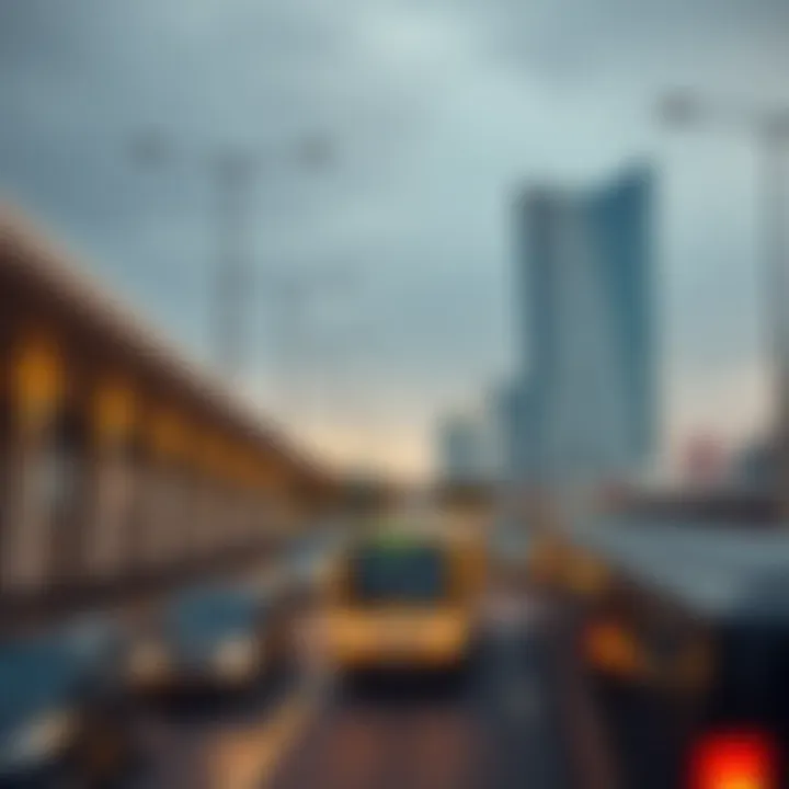 A bustling transportation hub in Dubai with various transport options