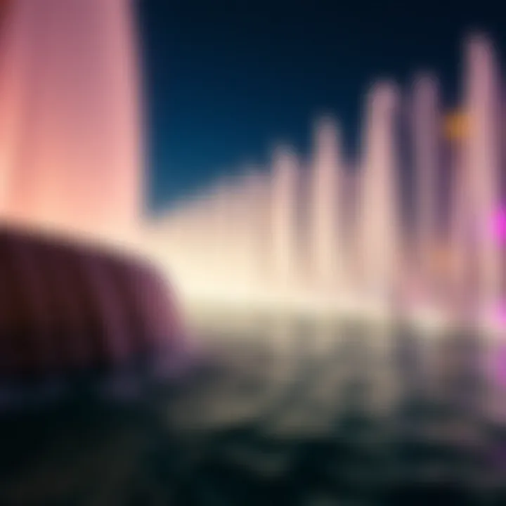 Choreographed water jets in synchronization with music during the fountain performance