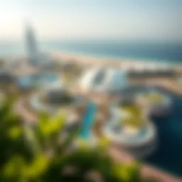 Aerial view of Yas Island showcasing eco-friendly architecture and green spaces